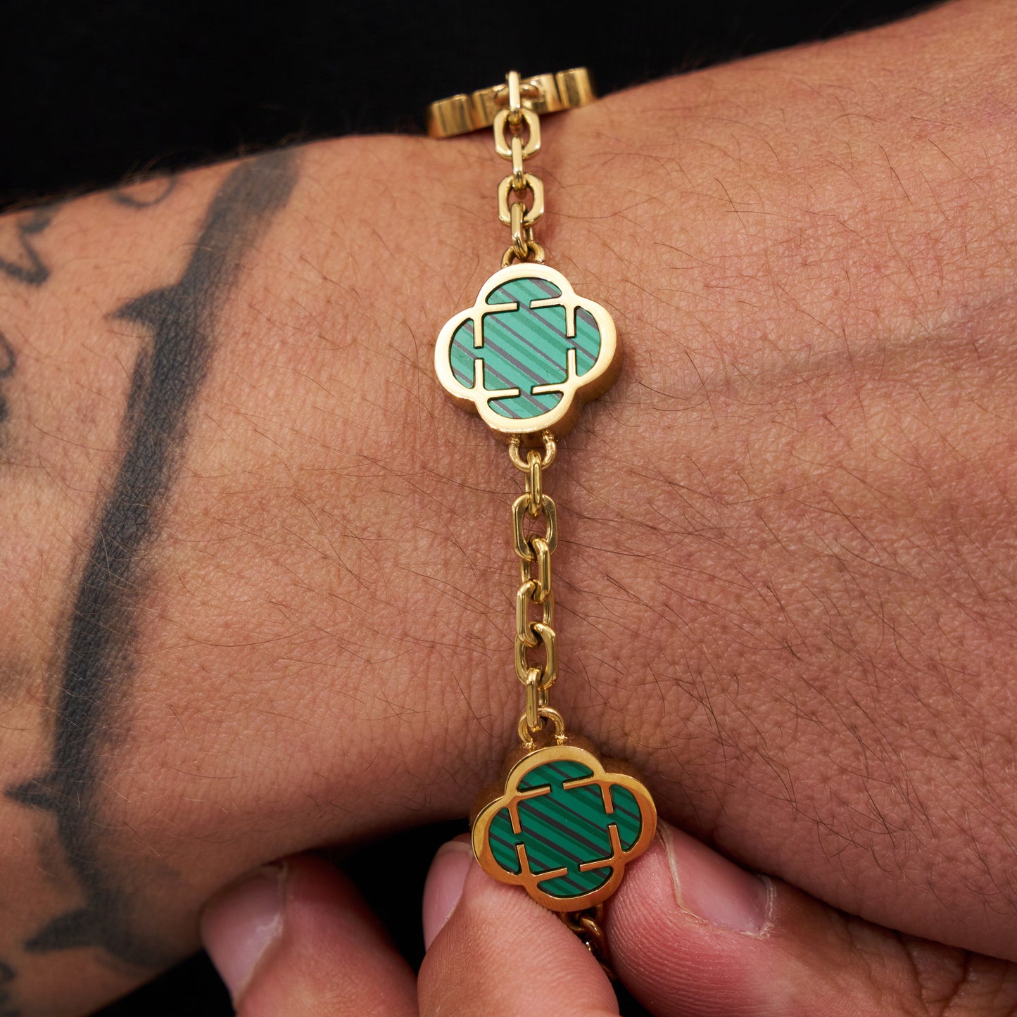 Bracciale in Pietra di Malachite a Quadrifoglio (Oro)