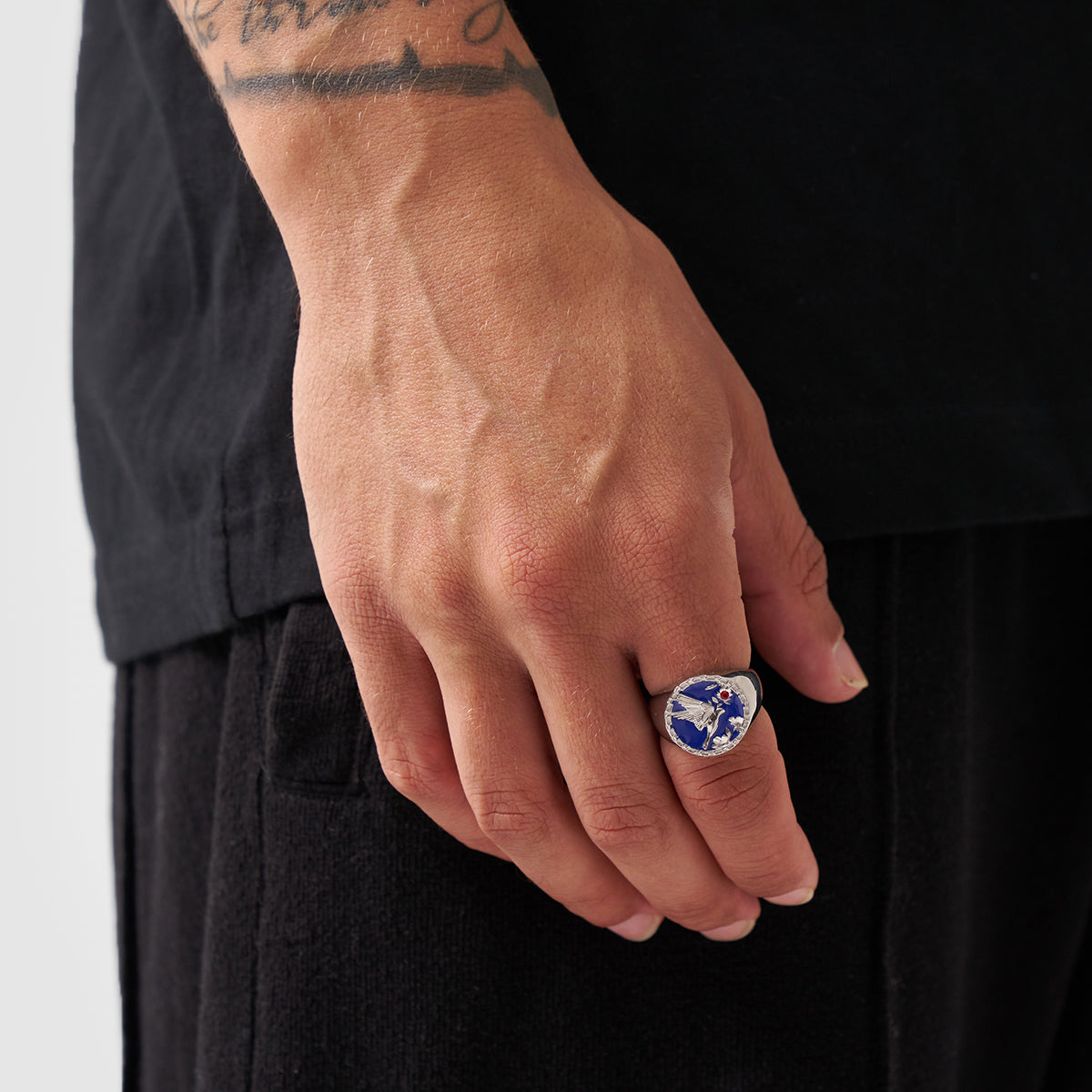 Anello Sigillo Smaltato con Swallow (Argento)