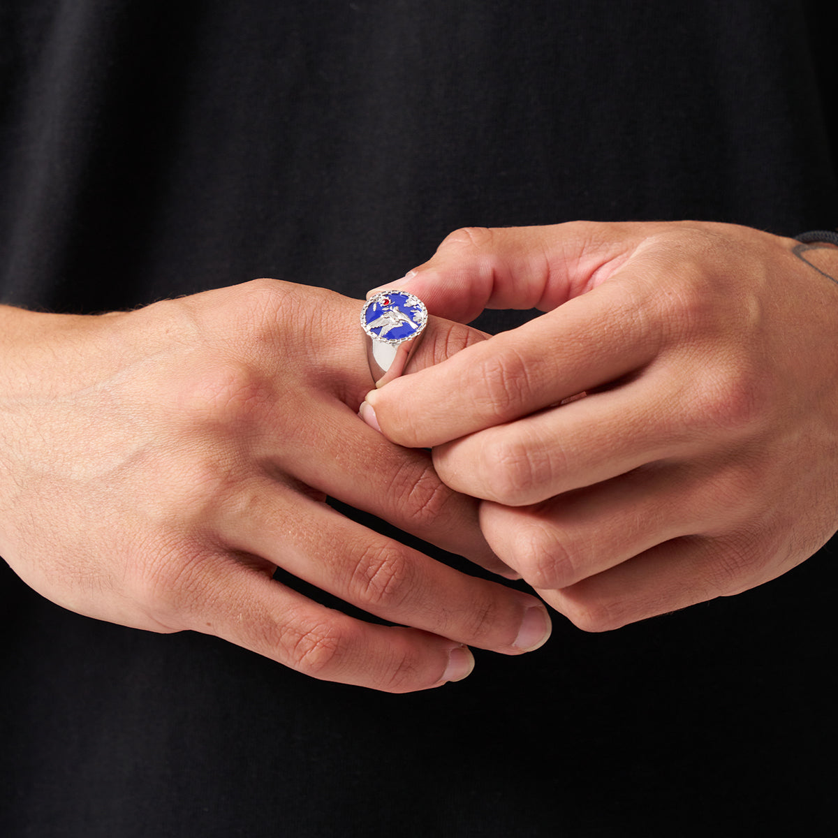 Anello Sigillo Smaltato con Swallow (Argento)