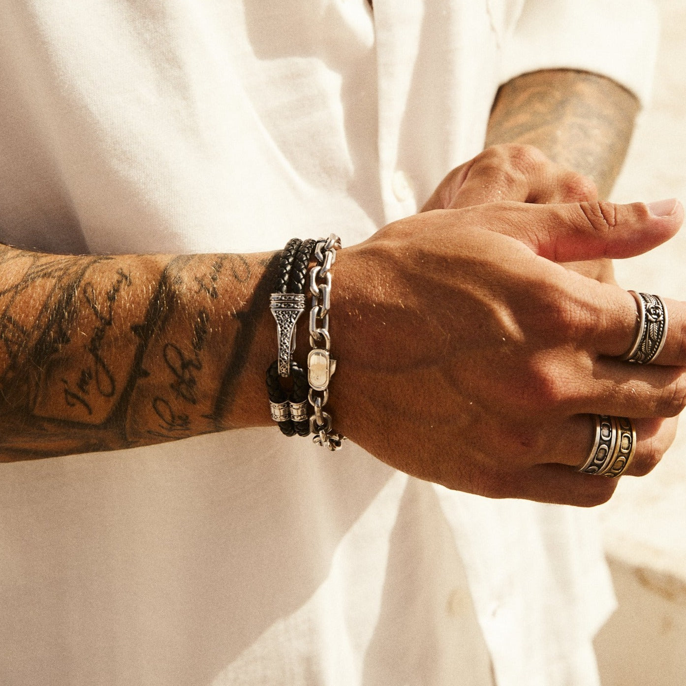 Bracciale in Pelle con Corda (Argento)