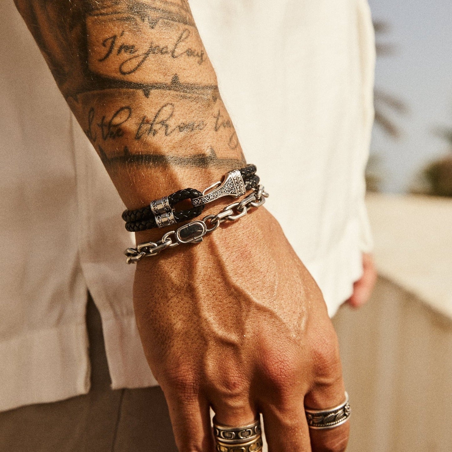 Bracciale in Pelle con Corda (Argento)