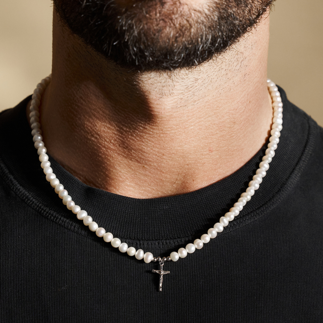 Collana con Crocifisso in Perle Vere (Argento)