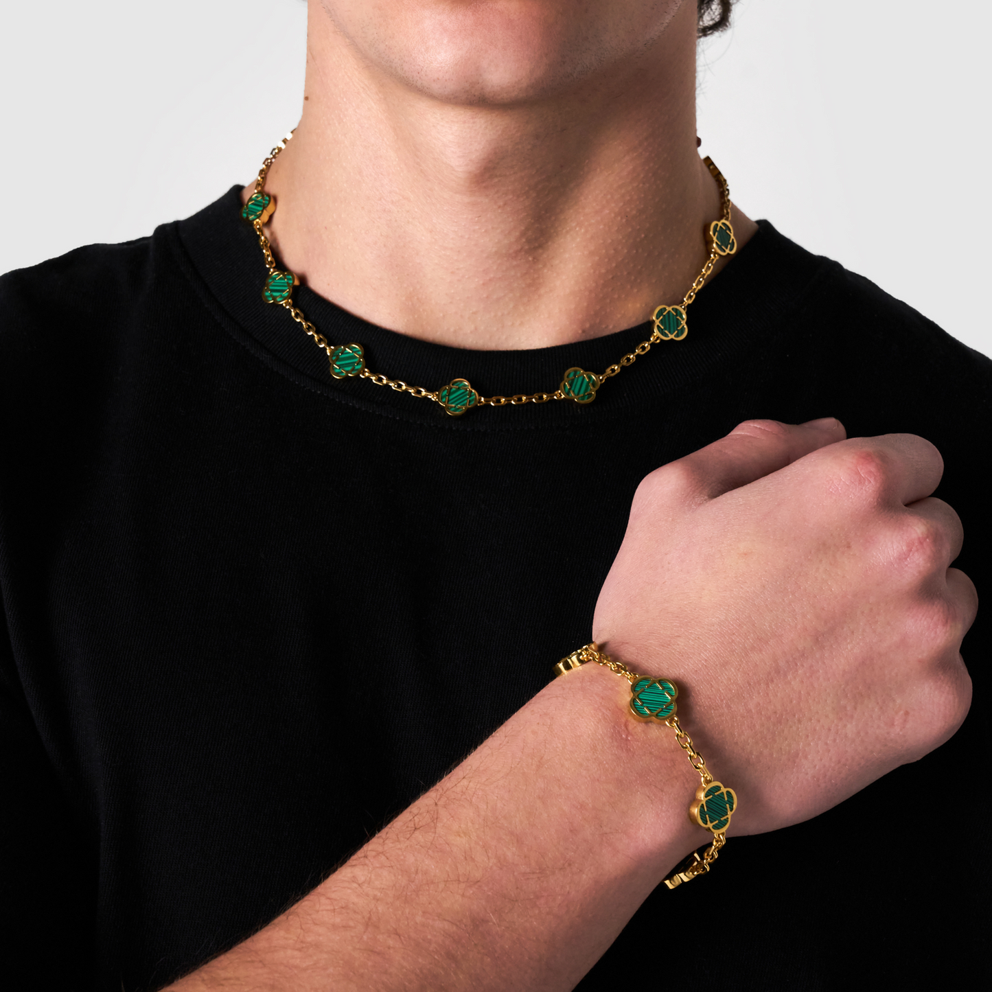 Collana in Pietra di Malachite a Trifoglio (Oro)