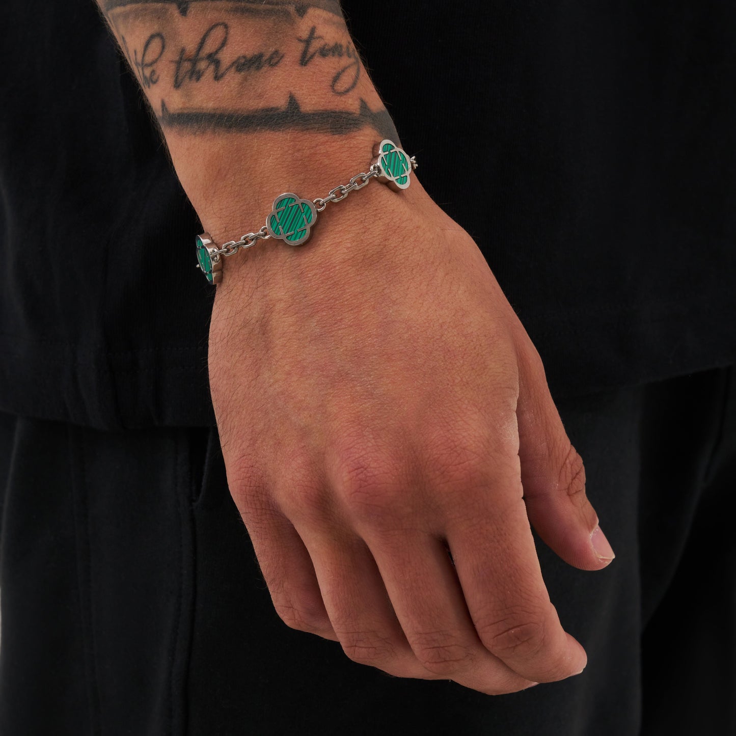 Bracciale in Pietra di Malachite a Trifoglio (Argento)
