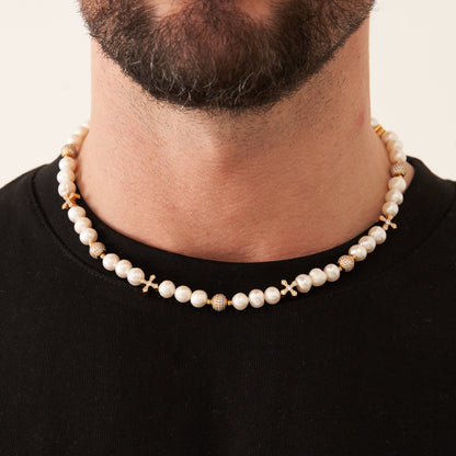 Collana di Perle Reali Iced Cross (Oro)