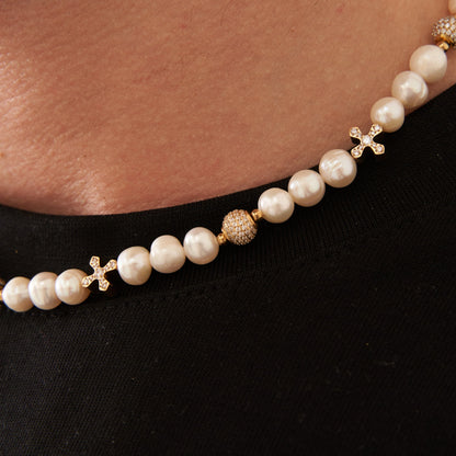 Collana di Perle Reali Iced Cross (Oro)