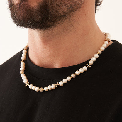 Collana di Perle Reali Iced Cross (Oro)