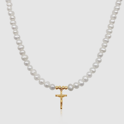Collana con Crocifisso in Perle Vere (Oro)