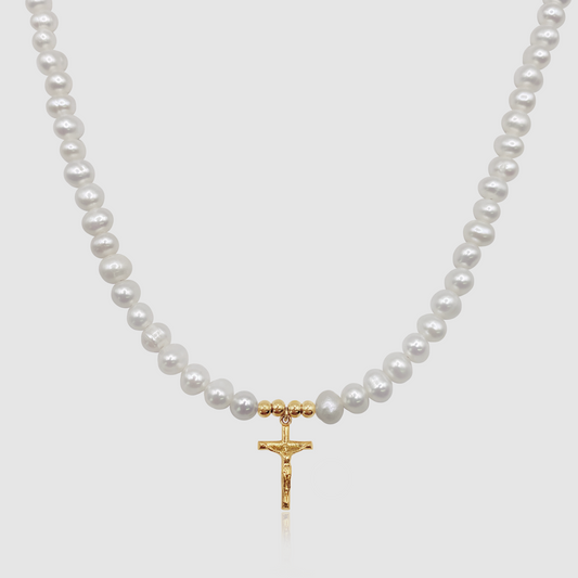 Collana con Crocifisso in Perle Vere (Oro)