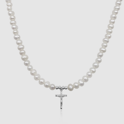 Collana con Crocifisso in Perle Vere (Argento)