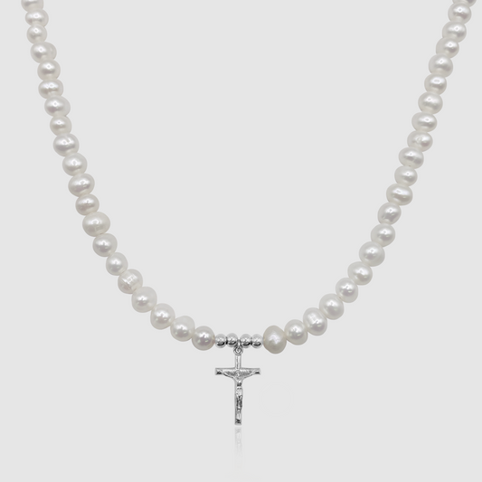 Collana con Crocifisso in Perle Vere (Argento)