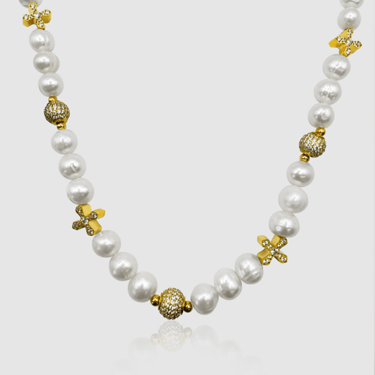 Collana di Perle Reali Iced Cross (Oro)