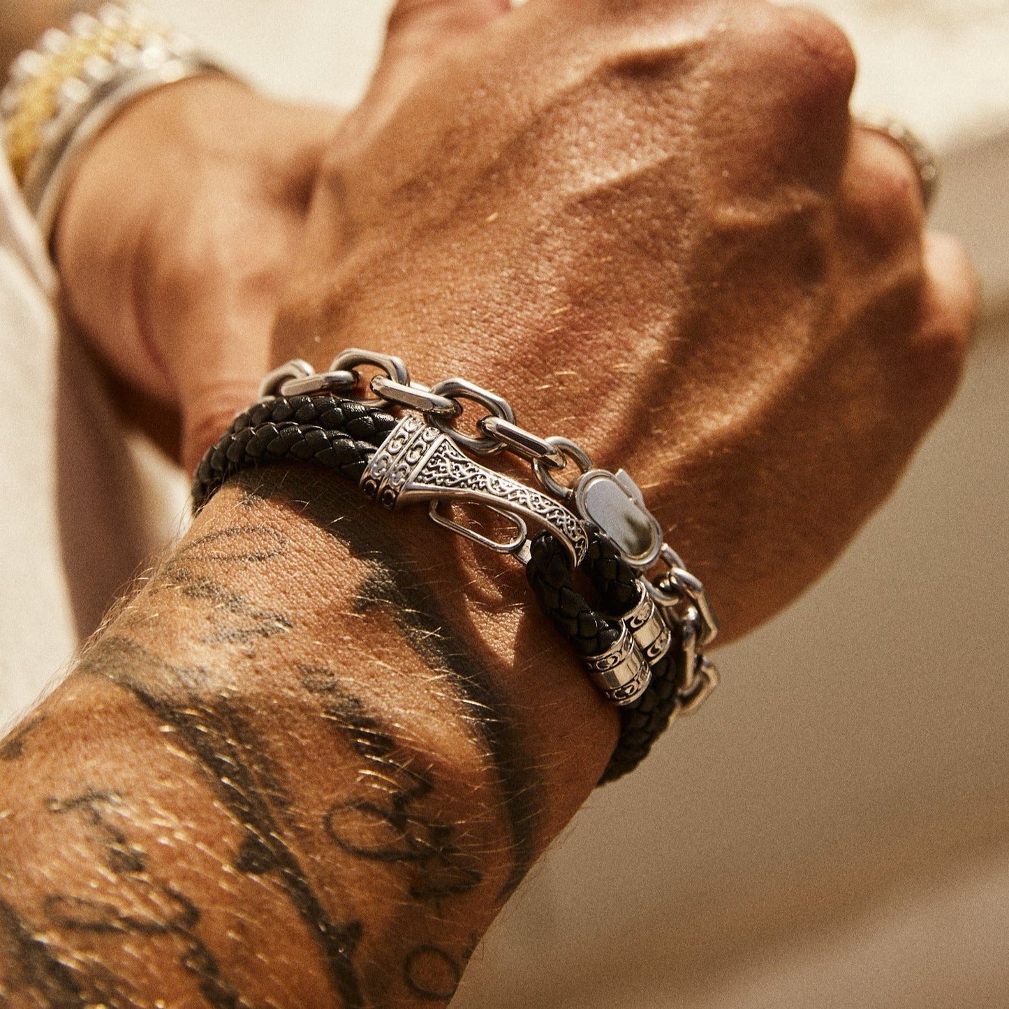 Bracciale in Pelle con Corda (Argento)