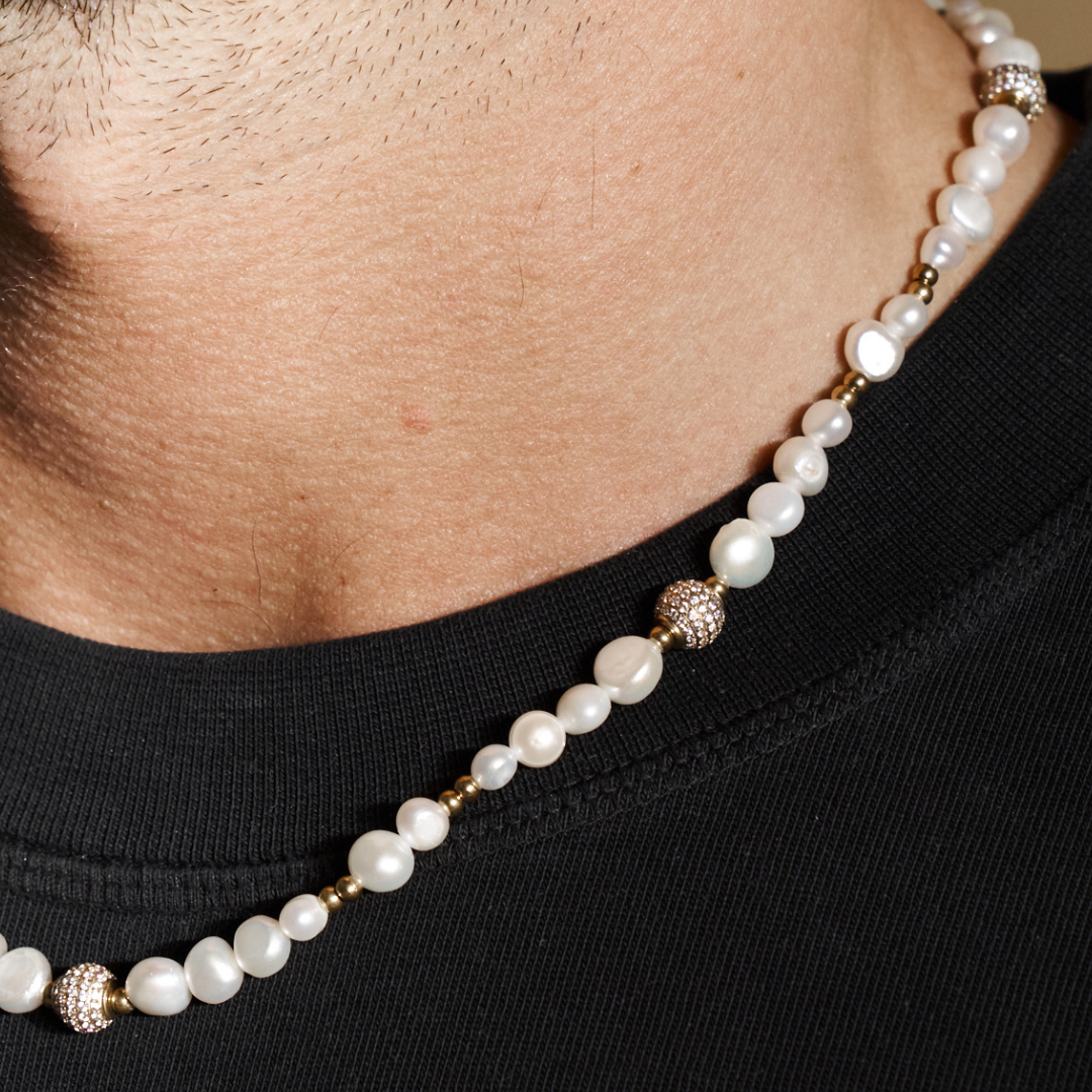 Collana di Perle Reali con Perline Ghiacciate (Oro)