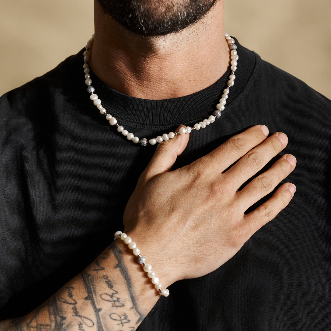 Bracciale in Perle Vere con Perline Ghiacciate (Argento)