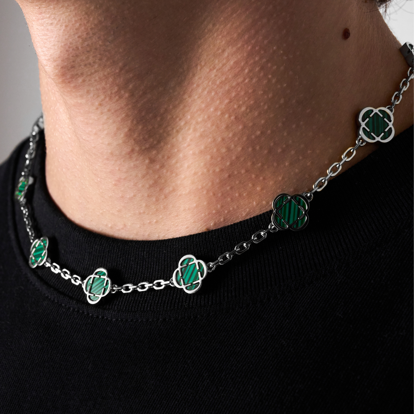 Collana in Pietra di Malachite a Trifoglio (Argento)