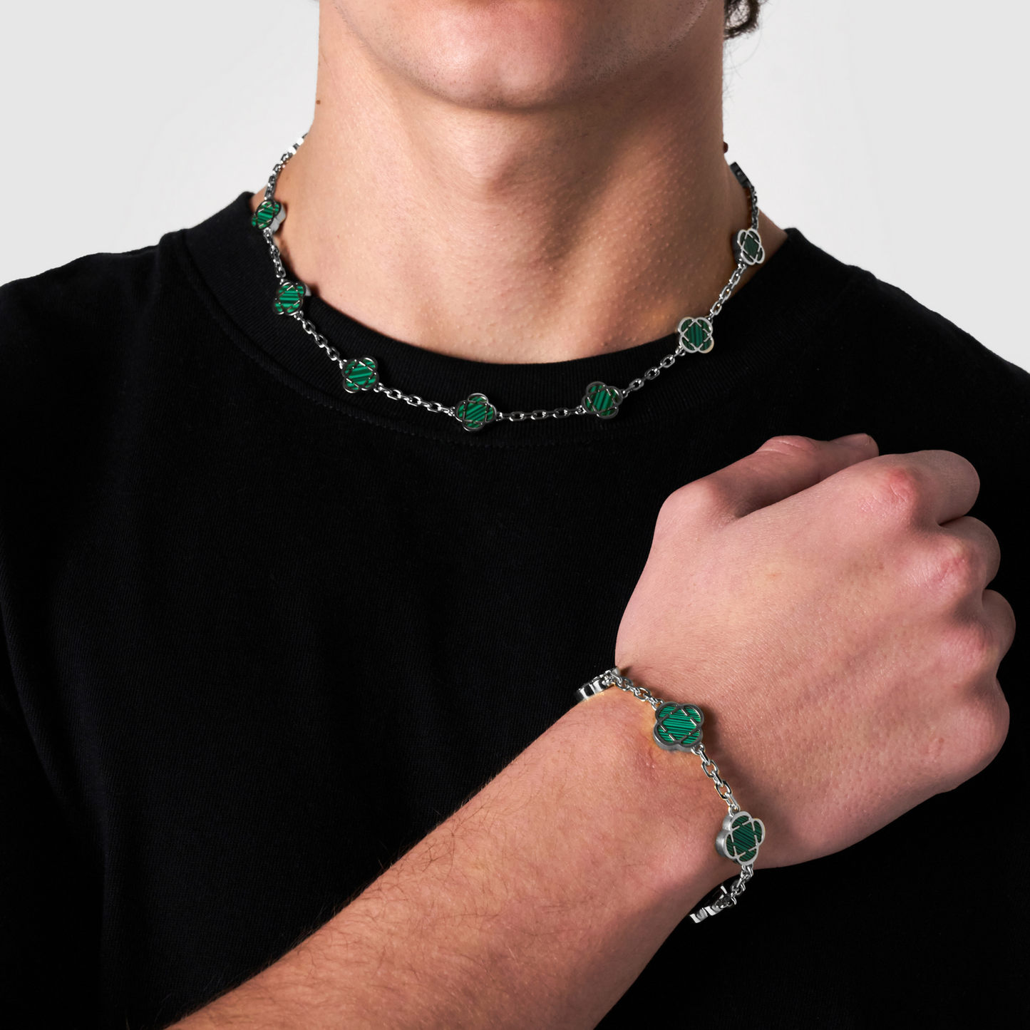 Collana in Pietra di Malachite a Trifoglio (Argento)