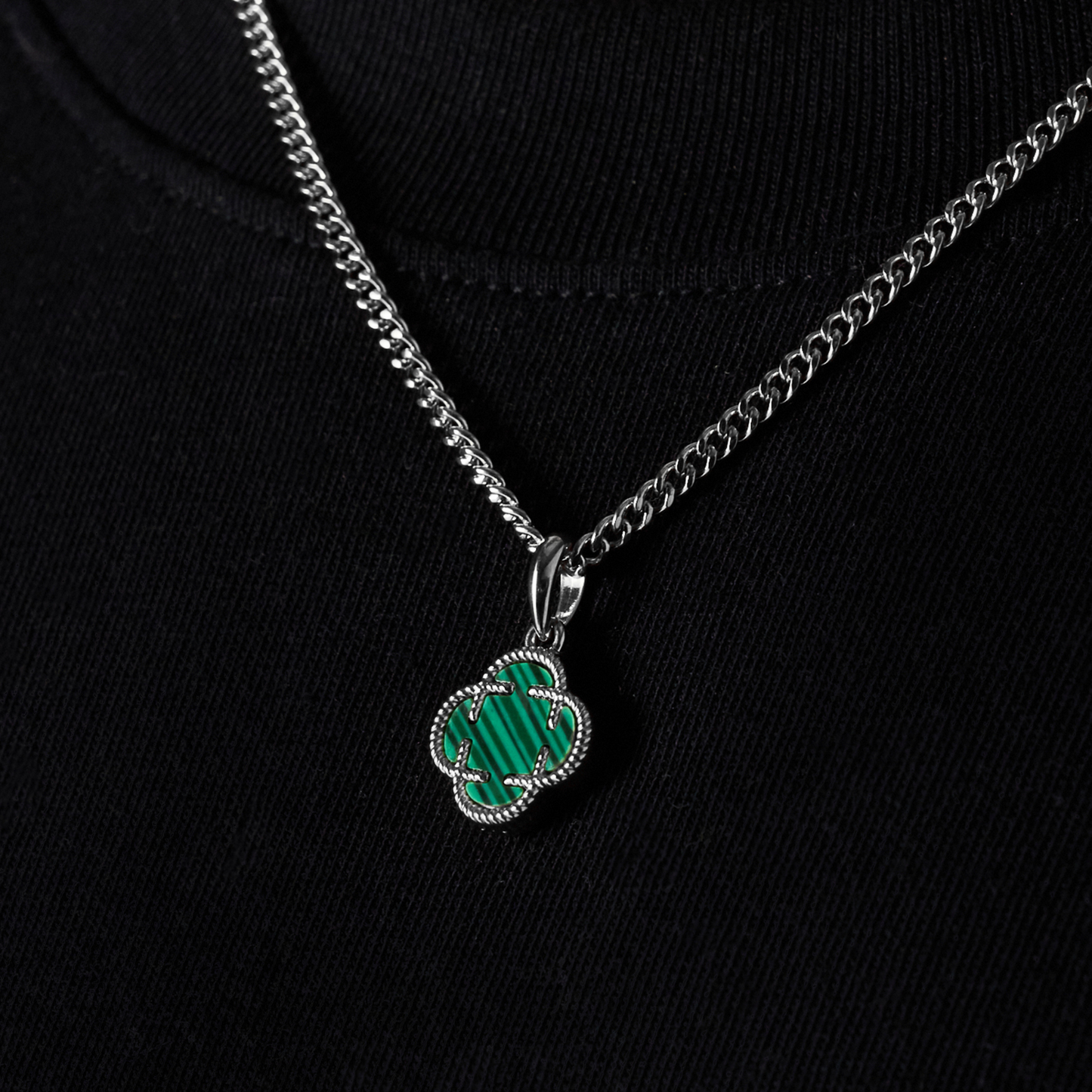 Pendente in Pietra di Malachite a Trifoglio (Argento)
